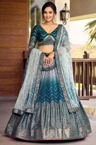 Trendy Blue Chinon Fabric Sequins Work Lehenga For Sangeet - women's fashion mart