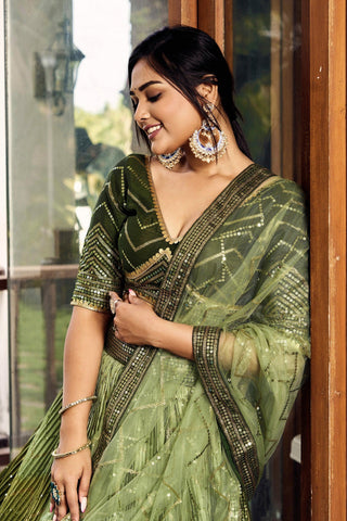 Stylish Green Chinon Fabric Lehenga With Sequins Work - women's fashion mart