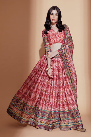 Chinon Fabric Wedding Wear Digital Print Lehenga Choli In Peach Color.