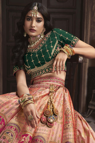 Awesome Sequins Work On Silk Fabric Peach Color Bridal Lehenga.