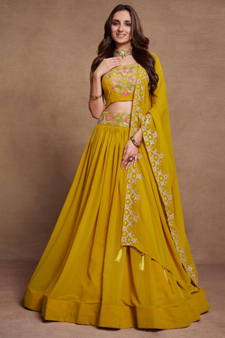 Yellow Color Georgette Fabric Sangeet Wear Embroidered Lehenga Choli.