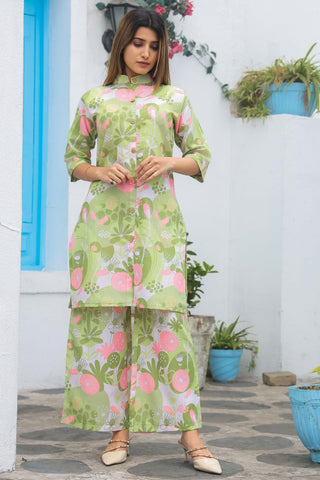Casual Style Cotton Fabric Green Color Supreme Co-Ord Set.
