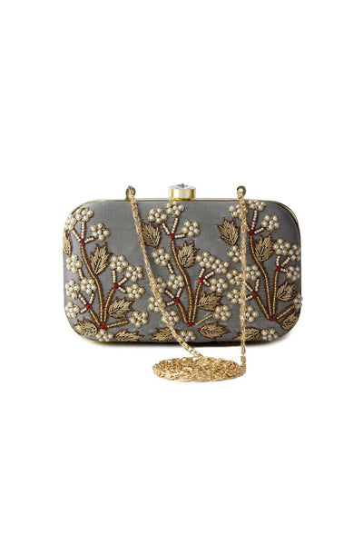 Charming Grey Color Fancy Fabric Embroidered Clutch.