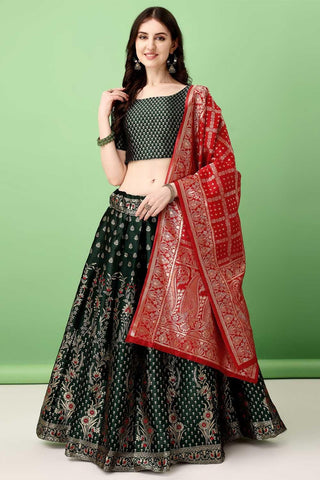 Amazing Jacquard Work On Dark Green Color Art Silk Fabric Lehenga - women's fashion mart