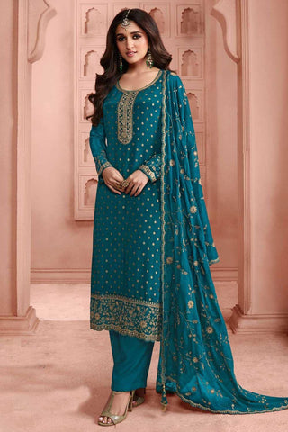 Nidhi shah Teal Color Lovely Dola Silk Salwar Suit - women's fashion mart