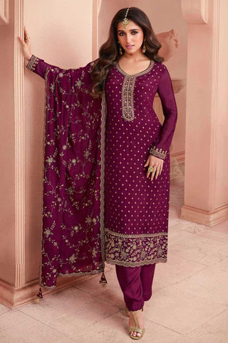 Nidhi shah Wine Color Inventive Dola Silk Salwar Suit - women's fashion mart