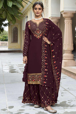 Wine Color Georgette Fabric Alluring Sharara Suit - women's fashion mart