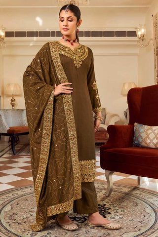 Classic Brown Color Pakistani Style Suit In Vichitra Fabric - women's fashion mart