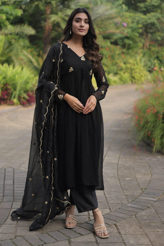 Black Color Embroidered Fancy Fabric Readymade Designer Salwar Kameez.
