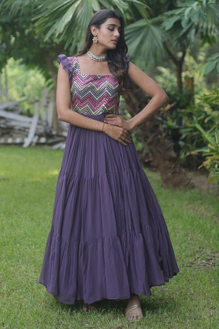 Georgette Fabric Purple Color Embroidered Readymade Long Anarkali Style Gown.