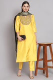 Art Silk Fabric Yellow Color Embroidered Readymade Designer Suit With Banarasi Silk Dupatta.