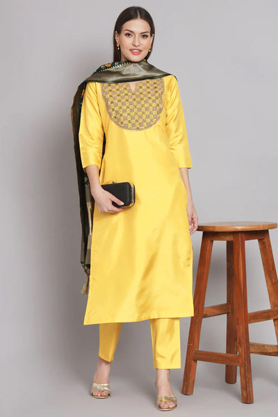Art Silk Fabric Yellow Color Embroidered Readymade Designer Suit With Banarasi Silk Dupatta.