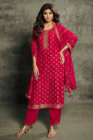 Shilpa Shetty Rani Color Embroidered Designer Straight Cut Long Salwar Kameez.