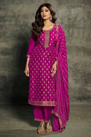 Shilpa Shetty Embroidered Jacquard Fabric Magenta Color Designer Straight Cut Long Salwar Suit.