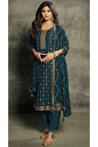Shilpa Shetty Jacquard Fabric Embroidered Designer Straight Cut Long Salwar Suit.