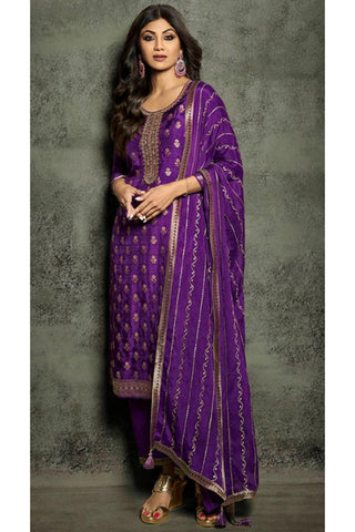 Shilpa Shetty Purple Color Embroidered Designer Straight Cut Long Salwar Suit.