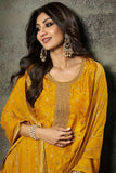 Shilpa Shetty Yellow Color Embroidered Designer Straight Cut Long Salwar Suit.