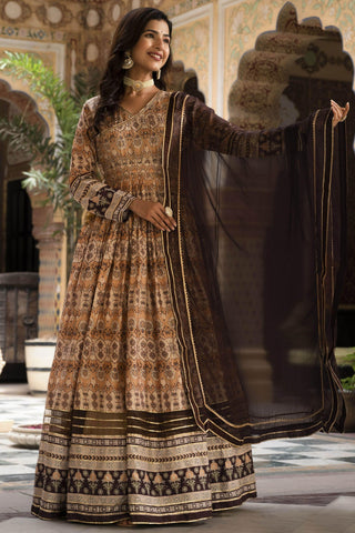 Albescent Beige Color Dola Silk Printed Readymade Party Style Gown With Dupatta.
