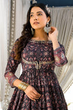 Soft Printed Black Color Dola Silk Readymade Party Style Gown With Dupatta.