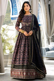 Soft Printed Black Color Dola Silk Readymade Party Style Gown With Dupatta.