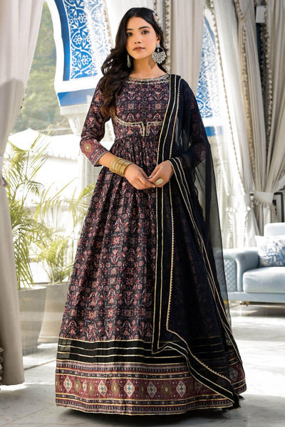 Soft Printed Black Color Dola Silk Readymade Party Style Gown With Dupatta.