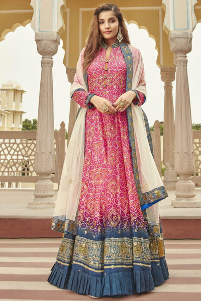 Attractive Jacquard Fabric Pink Color Bandhej Print Readymade Gown.