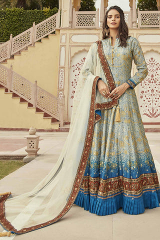 Beautiful Multi Color Jacquard Fabric Bandhani Print Readymade Gown.