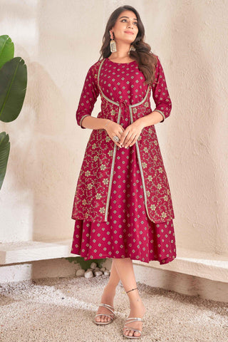 Cotton Fabric Maroon Color Daily Wear Readymade Kurti.