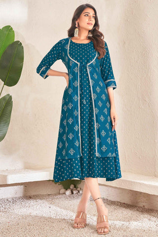 Teal Color Cotton Fabric Readymade Simple Look Kurti.