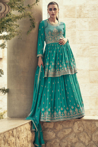 Embroidered Cyan Designer 3 Piece Readymade Sharara Top Lehenga In Georgette Fabric.