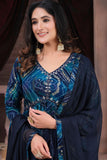Function Wear Rayon Fabric Printed Anarkali Salwar Kameez In Blue Color.