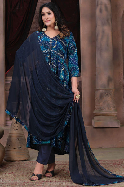 Function Wear Rayon Fabric Printed Anarkali Salwar Kameez In Blue Color.