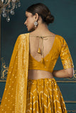Wedding Wear Art Silk Fabric 3 Piece Lehenga Choli In Mustard Color.