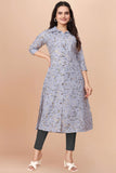 Cotton Fabric Grey Printed Embelished Readymade Kurti.