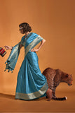 Sky Blue Handloom Weaving Satin Silk Fabric Saree.