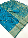 Sky Blue Handloom Weaving Satin Silk Fabric Saree.