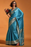 Sky Blue Handloom Weaving Satin Silk Fabric Saree.