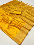 Mustard Color Satin Silk Party Wear Handloom Weaving Saree.