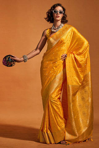 Mustard Color Satin Silk Party Wear Handloom Weaving Saree.
