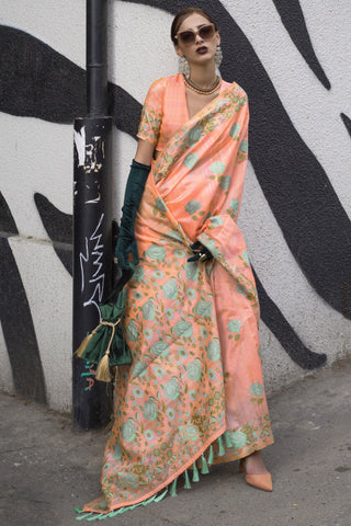 Attractive Peach Color Jacquard Work Art Silk Fabric Saree.