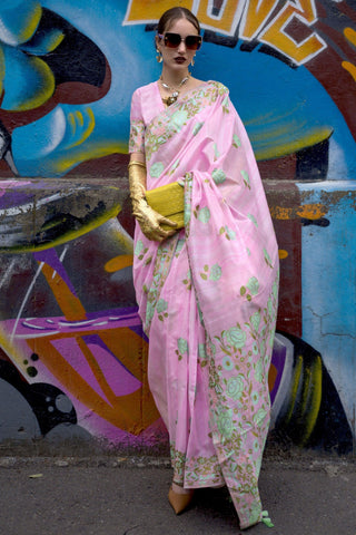 Pink Color Jacquard Work Art Silk Fabric Saree.