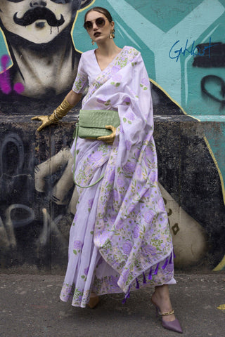 Exclusive Jacquard Work Lavender Color Art Silk Fabric Saree.