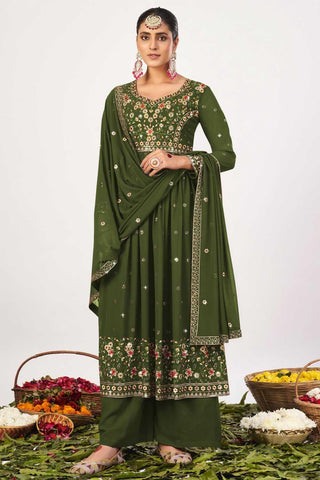 Creative Function Wear Georgette Pakistani Suit In Mehendi Green Color - women's fashion mart