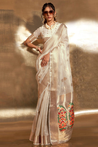 Off White Color Tissue Fabric Coveted Saree With Weaving Work.