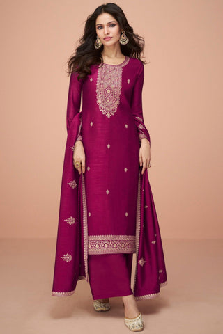 Vartika Singh Tempting Art Silk Fabric Magenta Color Palazzo Suits With Embroidered Work.