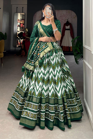 Attractive Function Wear Green Color Foil Printed Work Art Silk Lehenga.