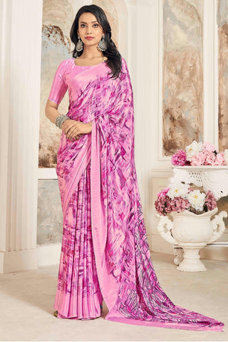 Beguiling Printed Work On Pink Color Crepe Silk Fabric Saree.