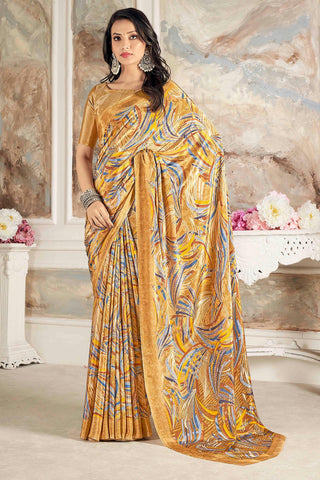 Trendy Crepe Silk Fabric Mustard Color Saree With Printed Work.