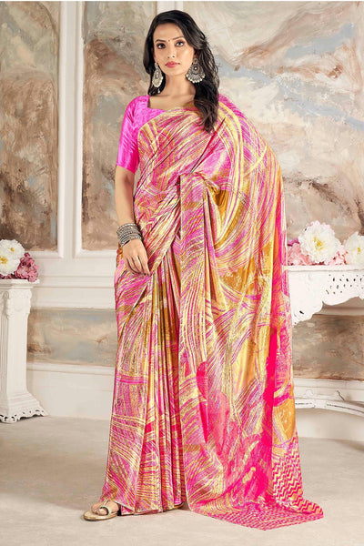 Multi Color Printed Work On Crepe Silk Fabric Chic Saree.