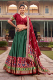 Art Silk Fabric Green Color Stylish Look Patola Style Foil Printed Lehenga.
